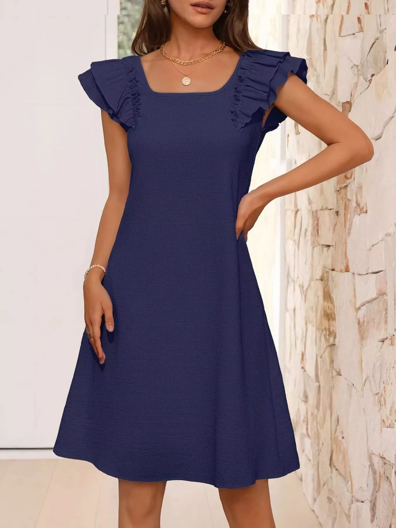 Ruffled Sleeve Square Neck Casual Dress-Casual Dresses-Splashis-Splashis