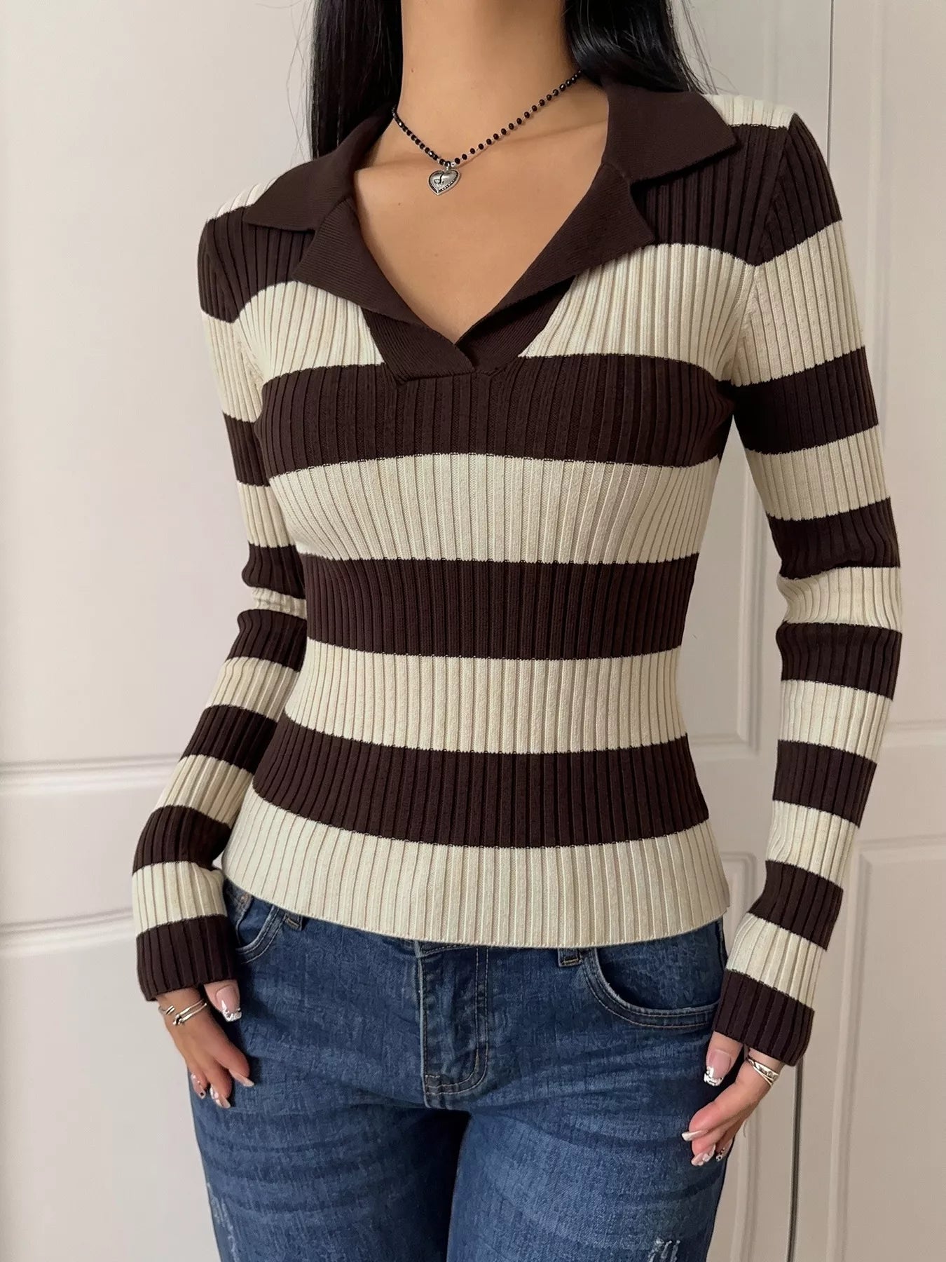 Striped Ribbed Knit Long Sleeve Sweater Secondary image