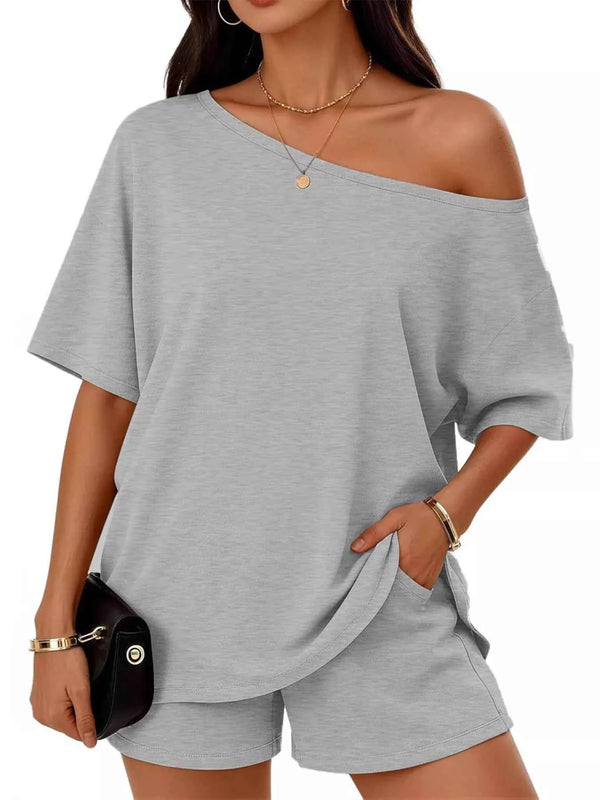 Plus size lounge set with boat neck tee and shorts — additional view 2