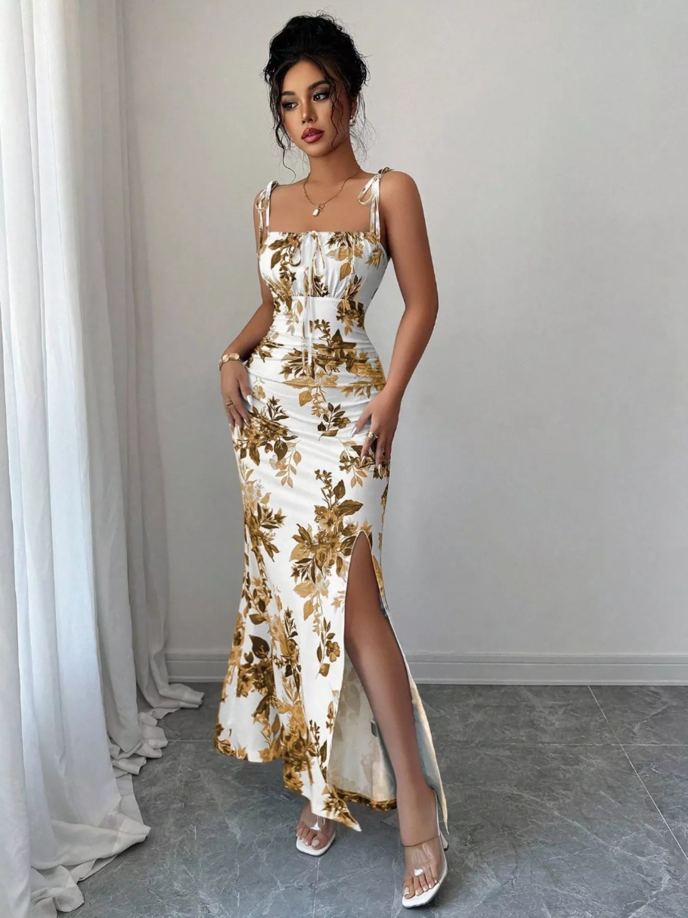 Printed Tie Strap Slit Maxi Dress-Maxi Dress.-Splashis-Splashis