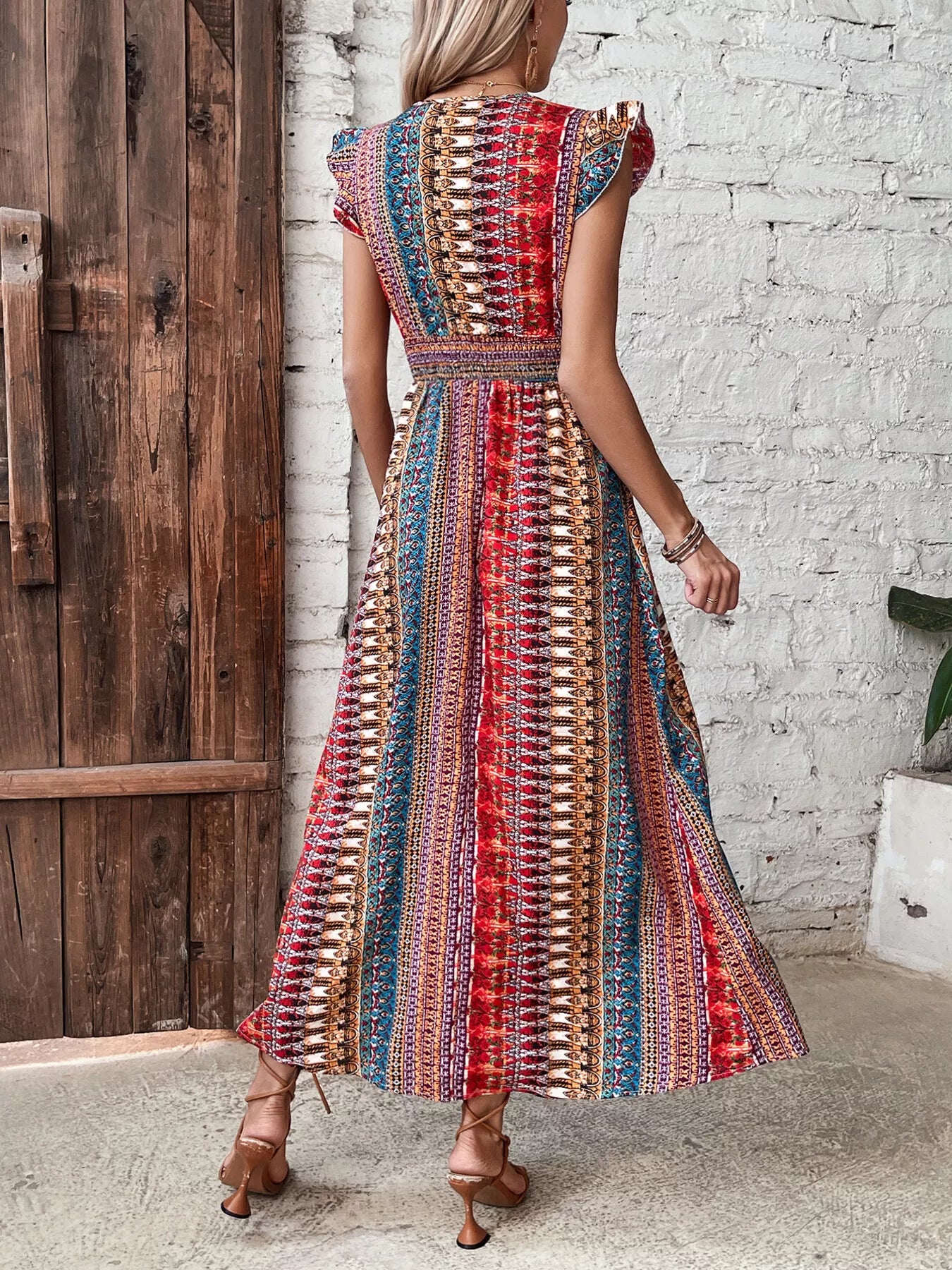 Boho Print Ruffle Sleeve Slit Dress-Casual Dresses-Splashis-Splashis