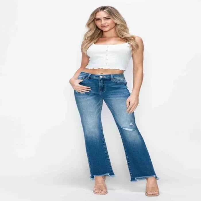 Raw hem distressed mid-rise straight jeans — primary view Main image