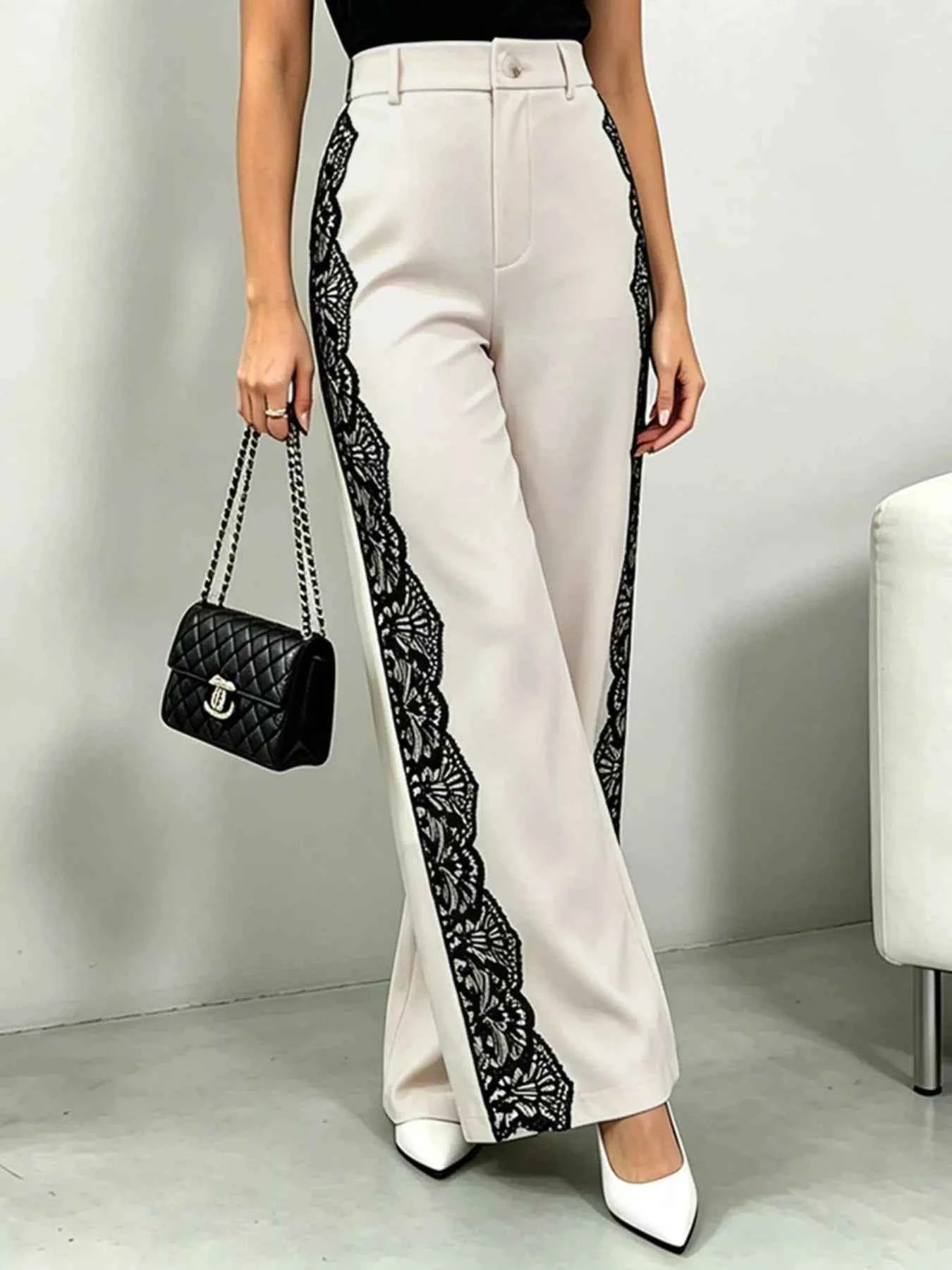 Lace Detail Wide Leg Pants for Chic Comfort and Effortless Style - Splashis