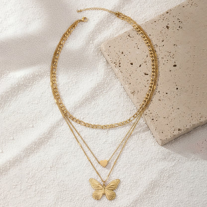 Trendy Three-Tier Butterfly Heart Stacking Necklace - Splashis