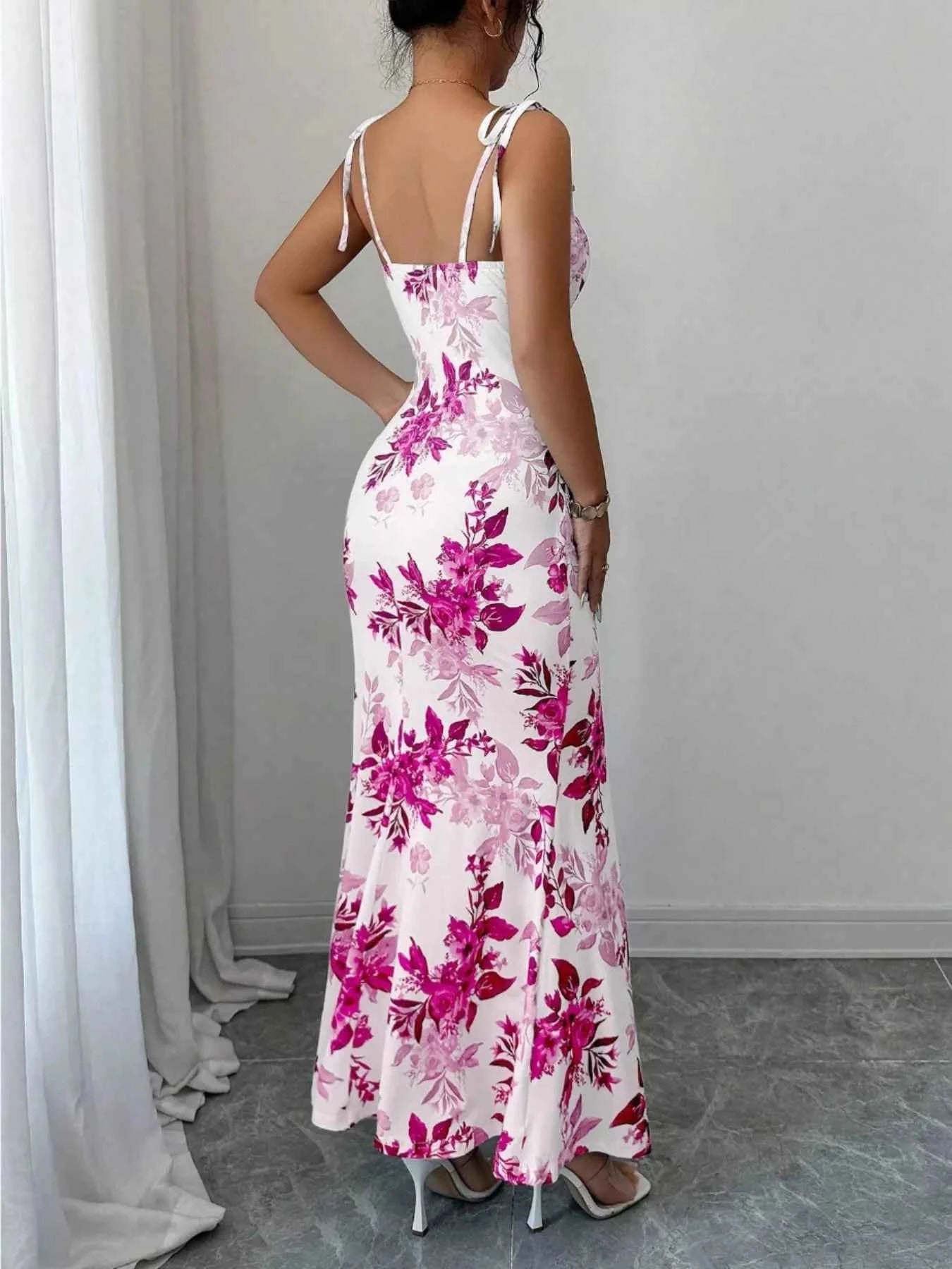 Printed Tie Strap Slit Maxi Dress Secondary image