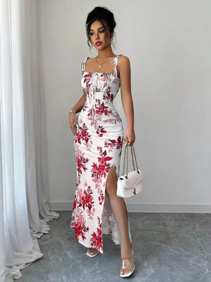Printed Tie Strap Slit Maxi Dress-Maxi Dress.-Splashis-Color:Deep Red-Size:XL-Splashis