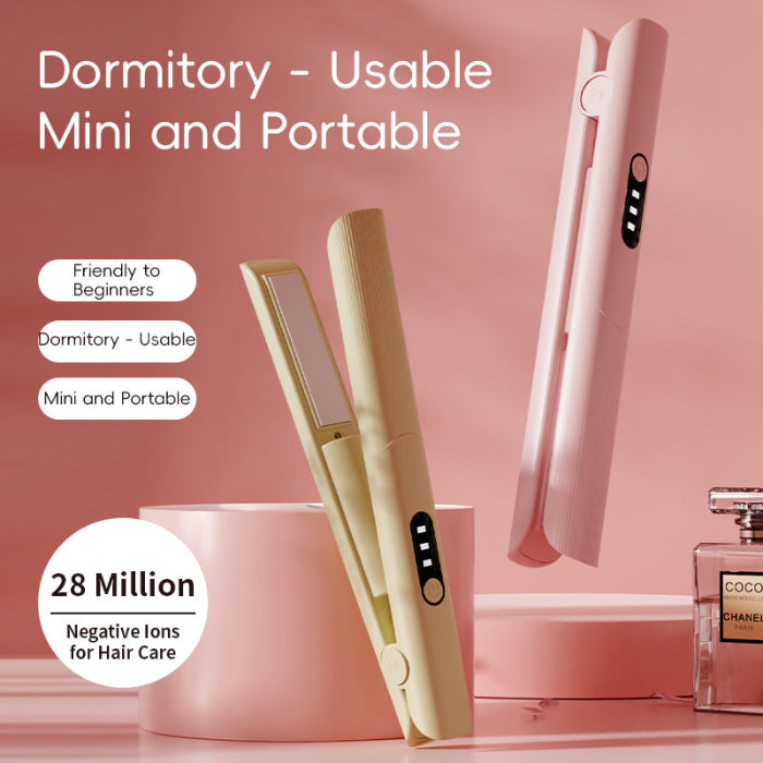 Two hair straighteners, one beige and one pink, on a pink background with text highlighting features.