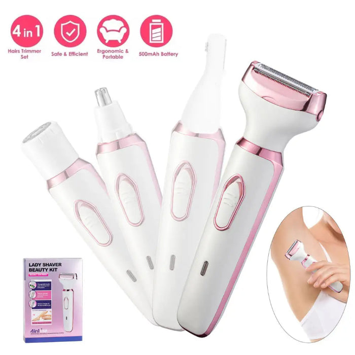 White and pink lady shaver beauty kit with additional attachments on a white background.