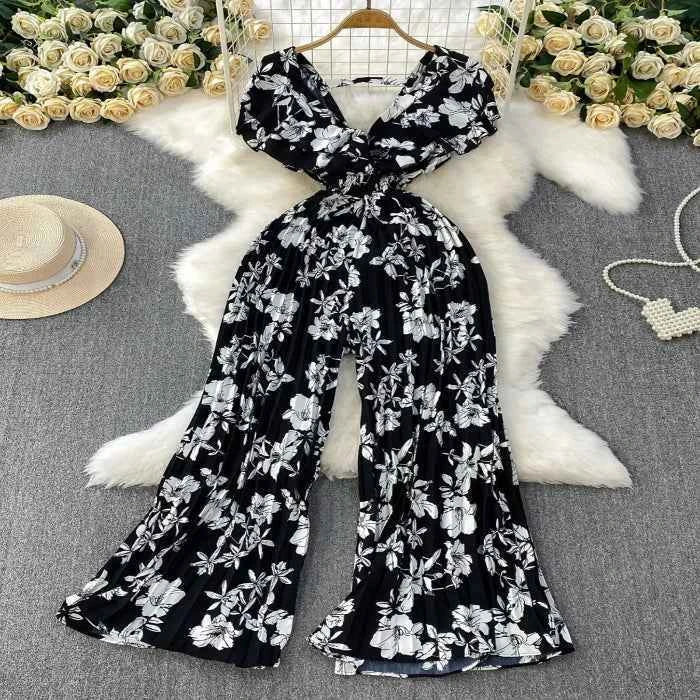 Floral print wide leg pleated jumpsuit — primary view Main image