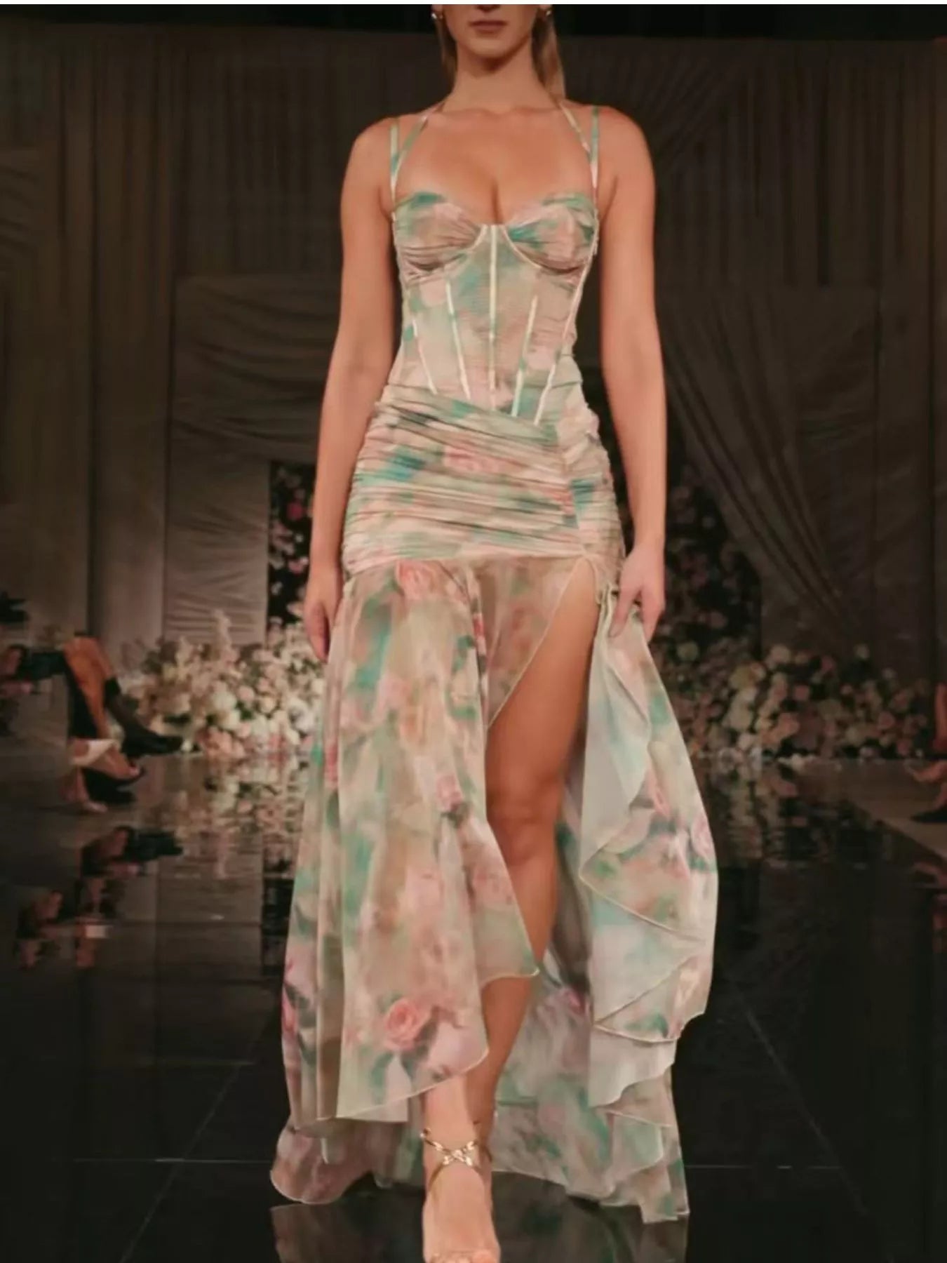 Sweetheart Neck Slit Maxi Dress-Maxi Dress.-Splashis-Color:Pink & Green-Size:XL-Splashis