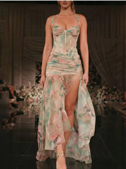 Sweetheart Neck Slit Maxi Dress-Maxi Dress.-Splashis-Color:Pink & Green-Size:XL-Splashis