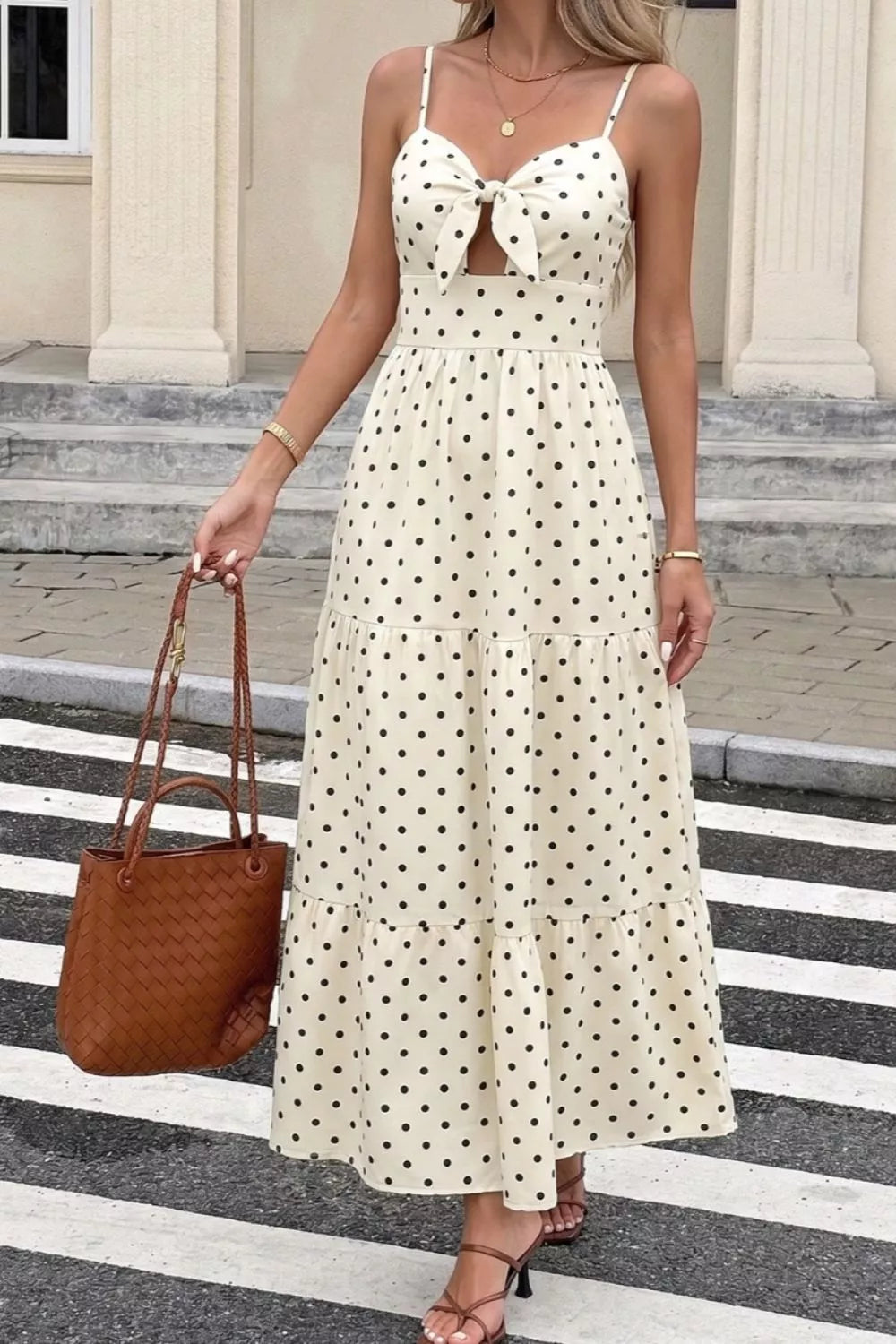 Polka Dot Tie-Front Cutout Maxi Dress-Maxi Dress.-Splashis-Splashis