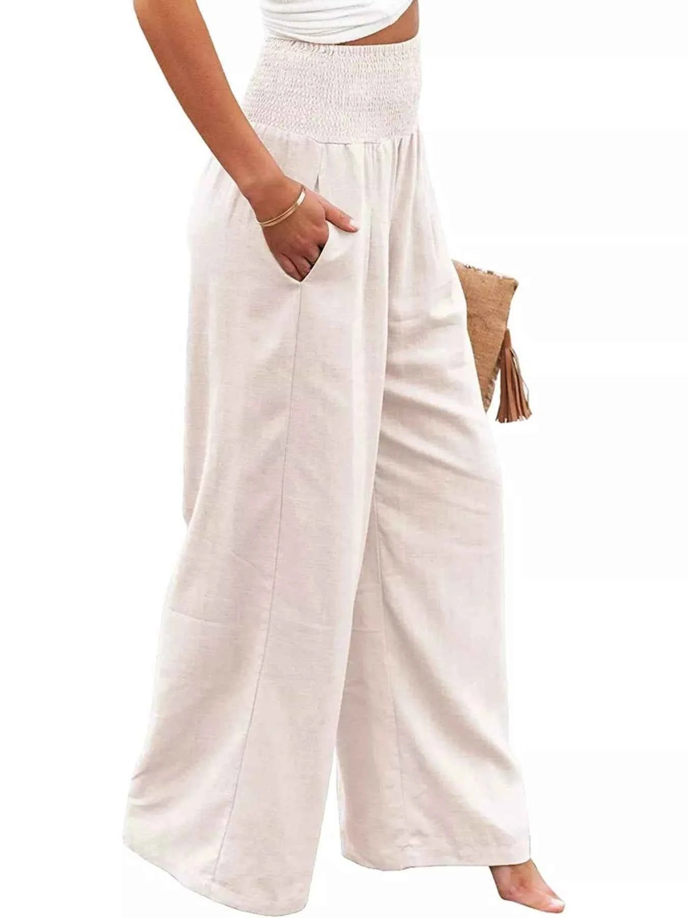 Smocked High Waisted Wide Leg Pants for Effortless Style and Comfort - Splashis