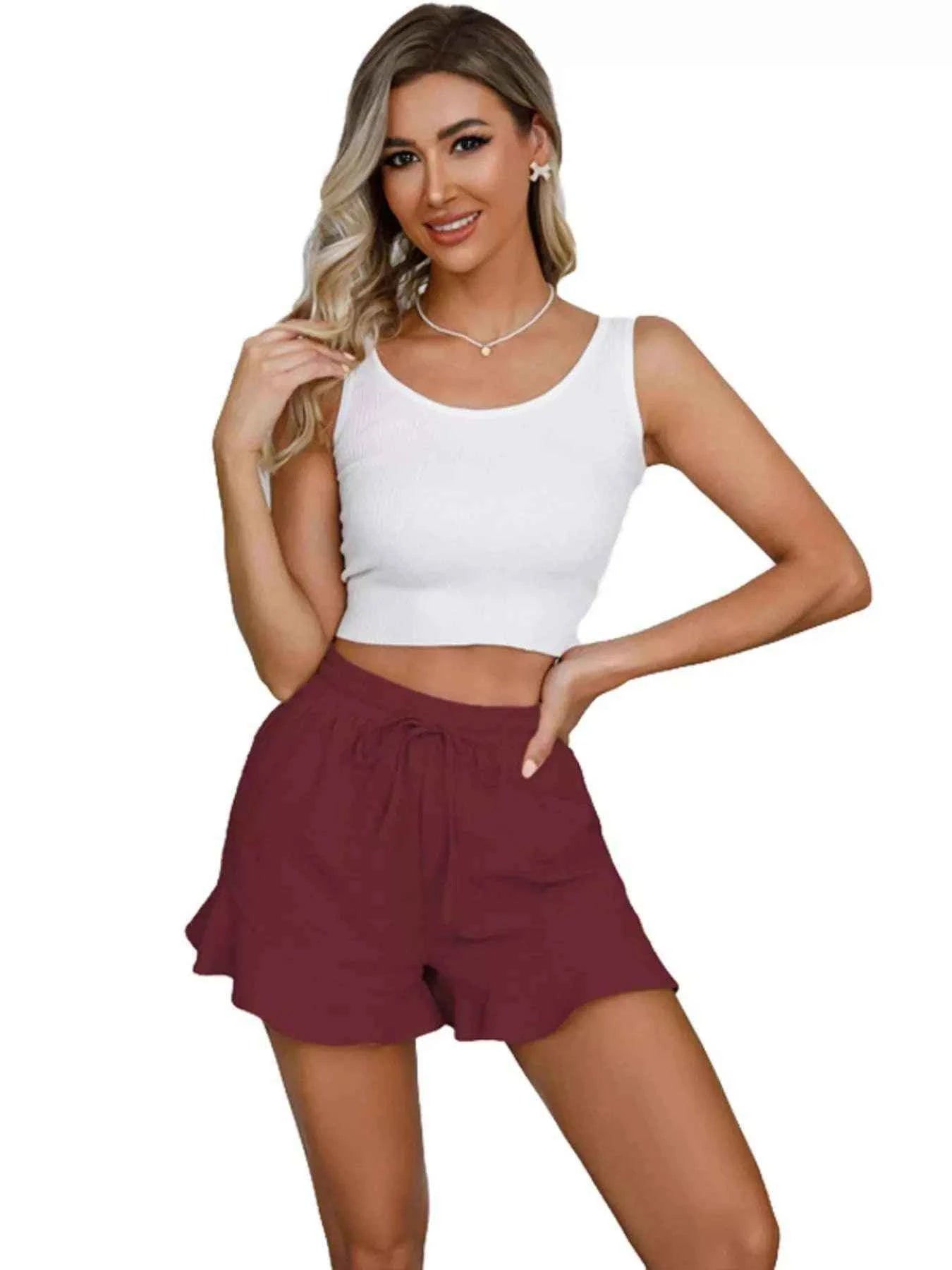 Ruffle Hem Drawstring Shorts - Splashis