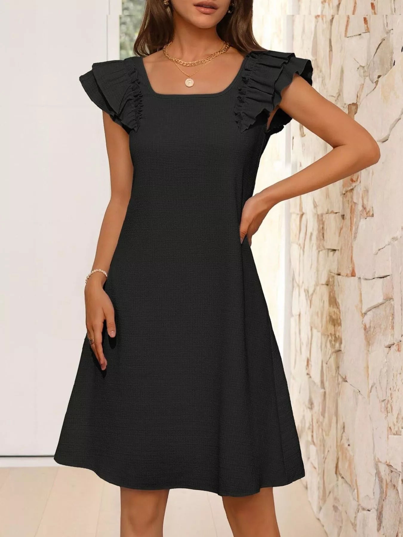 Ruffled Sleeve Square Neck Casual Dress-Casual Dresses-Splashis-Splashis