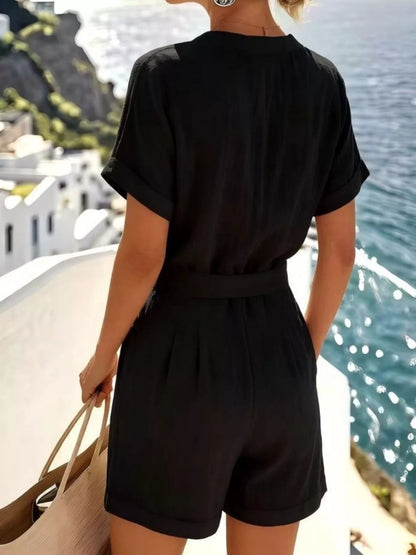 2026 summer fashion two piece button front set featuring shirt and shorts with pockets and tie details