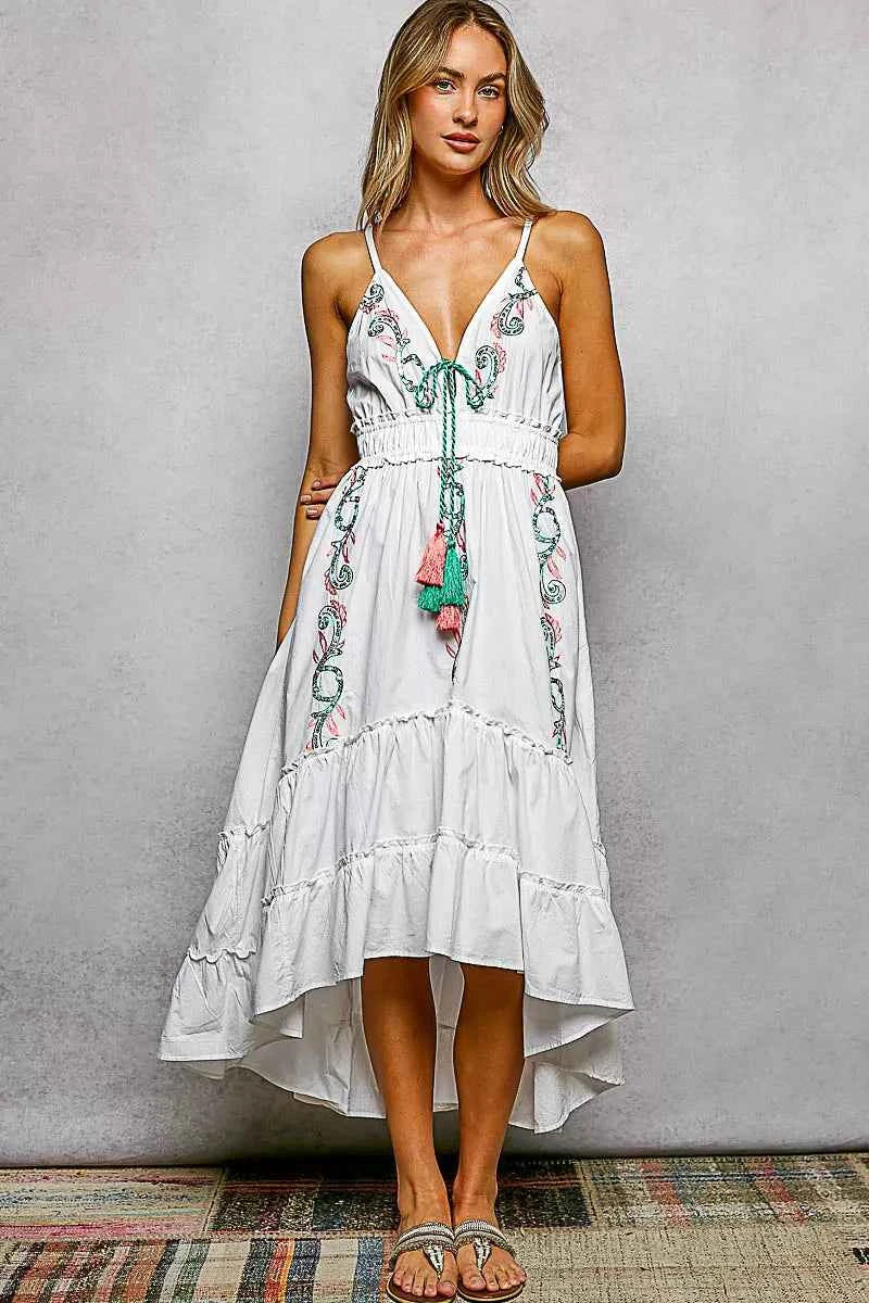Tiered Cami Midi Ivory Dress Embroidered Tassel Tie Secondary image