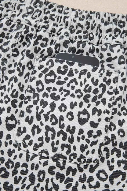 Leopard Print Tassel Drawstring Casual Denim Skort--Splashis