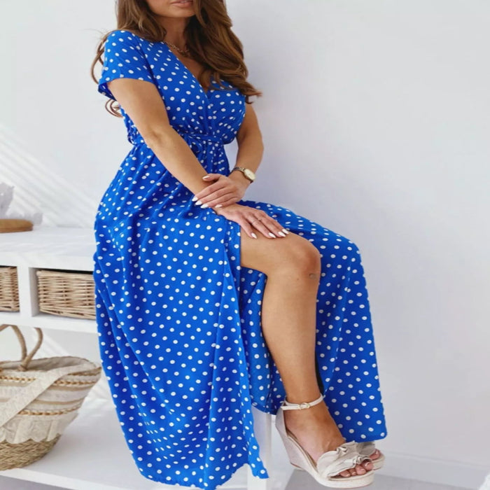 Model wearing the Polka Dot Surplice Maxi Dress with Slit Main image