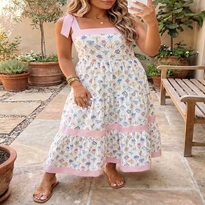 Tiered Floral Tie Shoulder Midi Dress — primary view Main image