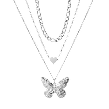 Trendy Three-Tier Butterfly Heart Stacking Necklace - Splashis