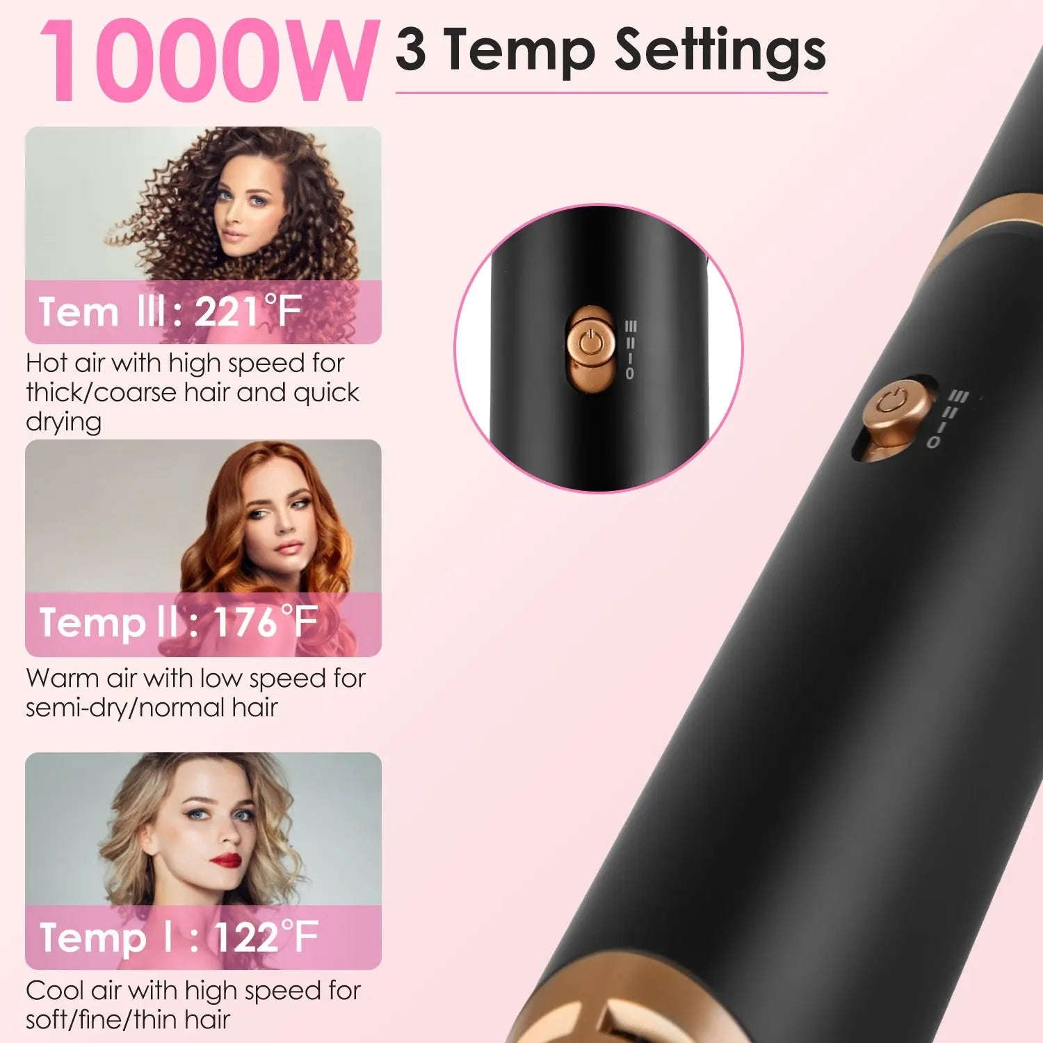 All-in-One Air Styler Splashis 1000w hair dryer 3 temperature settings 360 degree swivel cord 5 in 1 hair styler 6 foot power cable 60000 rpm motor adjustable heat hair dryer adult beginner friendly affordable airwrap affordable luxury beauty
