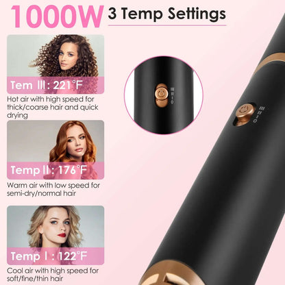 All-in-One Air Styler Splashis 1000w hair dryer 3 temperature settings 360 degree swivel cord 5 in 1 hair styler 6 foot power cable 60000 rpm motor adjustable heat hair dryer adult beginner friendly affordable airwrap affordable luxury beauty