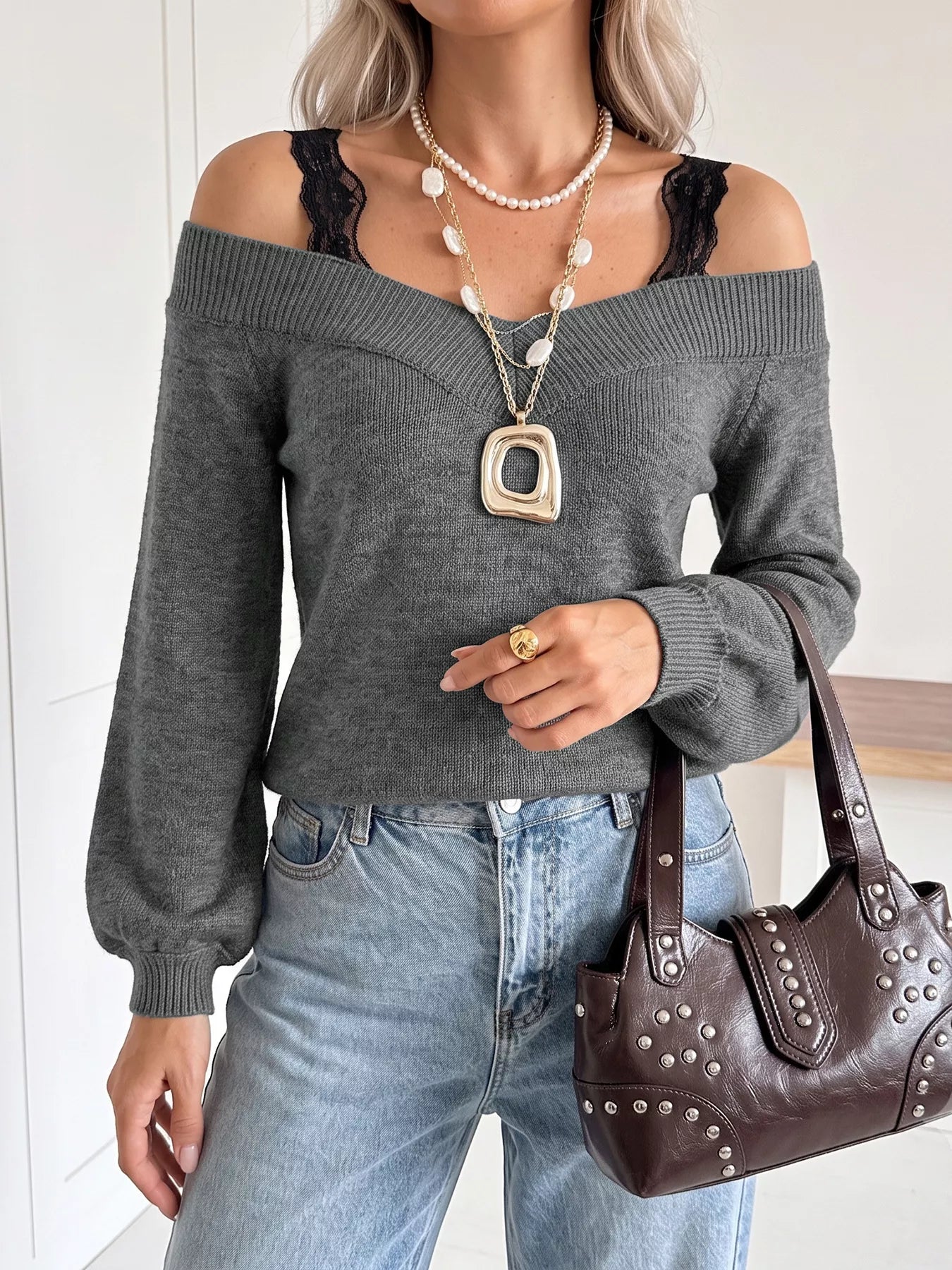 Off-Shoulder Lace Trim Sweater Secondary image