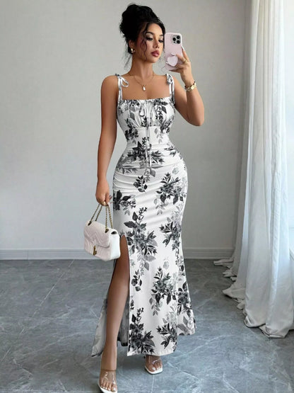 Printed Tie Strap Slit Maxi Dress-Maxi Dress.-Splashis-Color:Gray-Size:M-Splashis