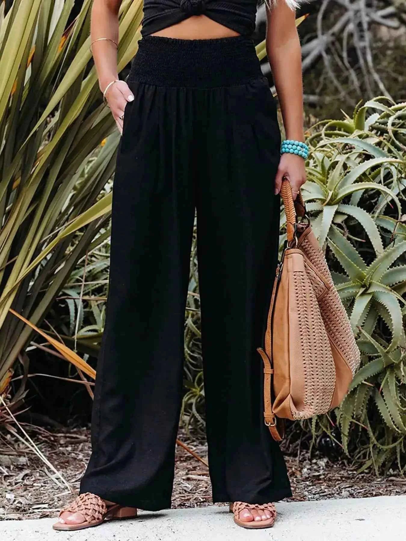 Smocked High Waisted Wide Leg Pants for Effortless Style and Comfort - Splashis