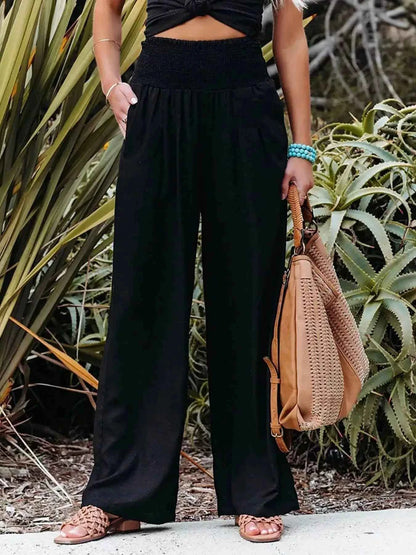 Smocked High Waisted Wide Leg Pants for Effortless Style and Comfort - Splashis