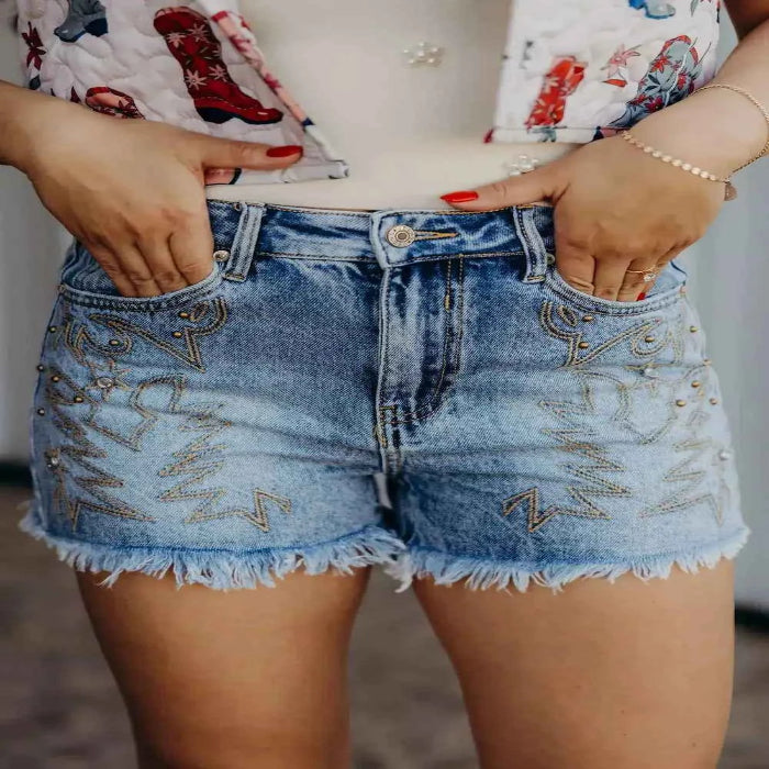 Western Embroidery Stud Denim Shorts - Splashis