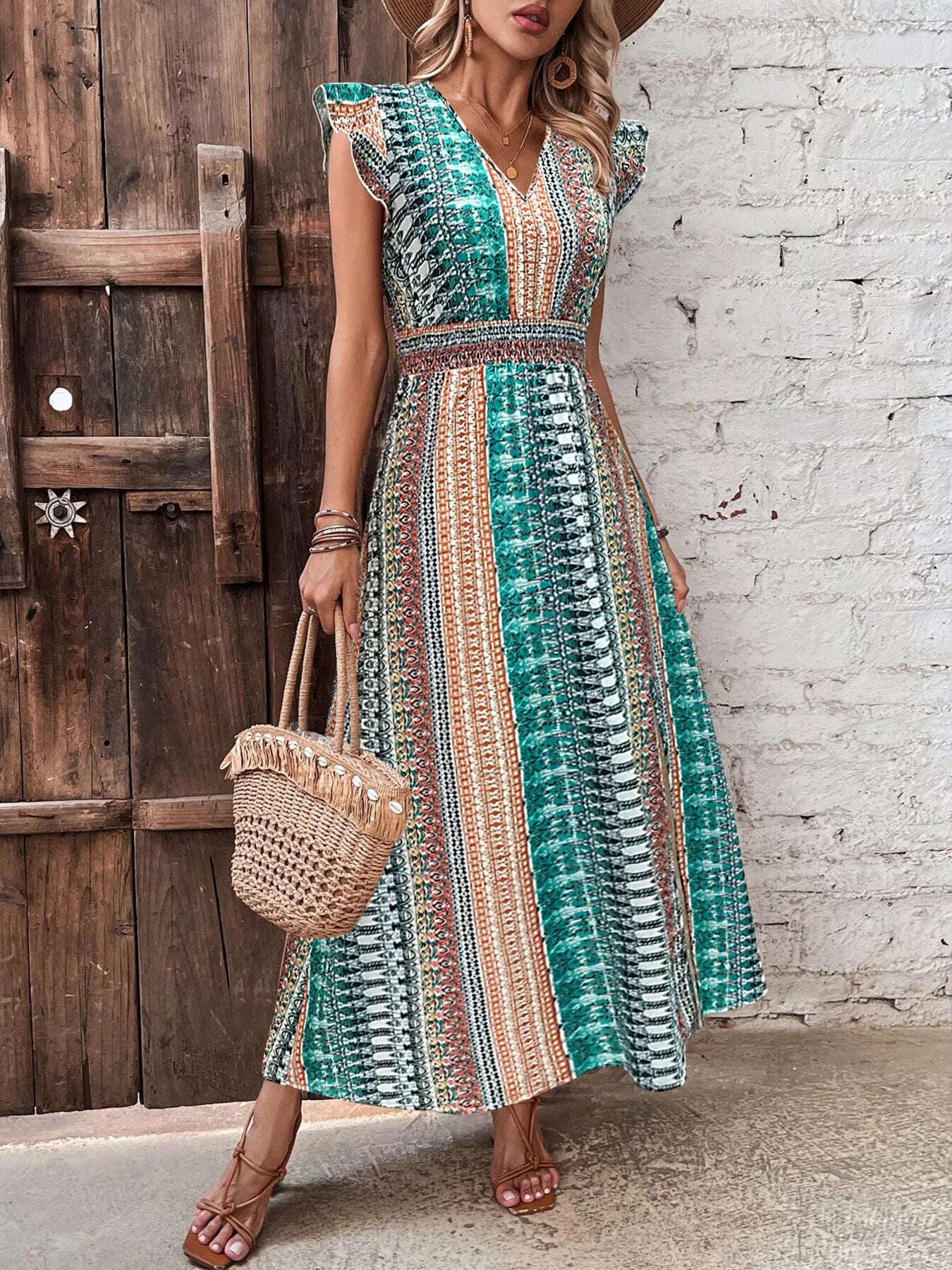 Boho Print Ruffle Sleeve Slit Dress-Casual Dresses-Splashis-Splashis