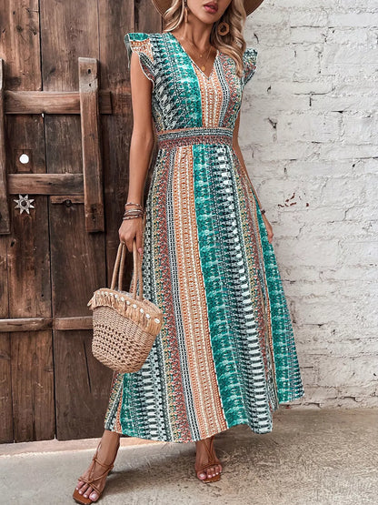 Boho Print Ruffle Sleeve Slit Dress-Casual Dresses-Splashis-Splashis