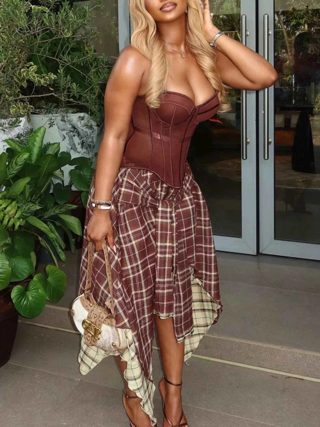 Trendy Asymmetrical Plaid Skirt Set 副图