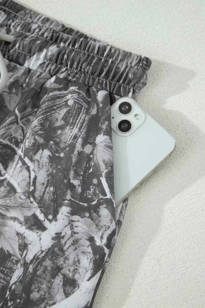 Abstract Maple Leaf Printed Tie Elastic Waist Shorts - Splashis