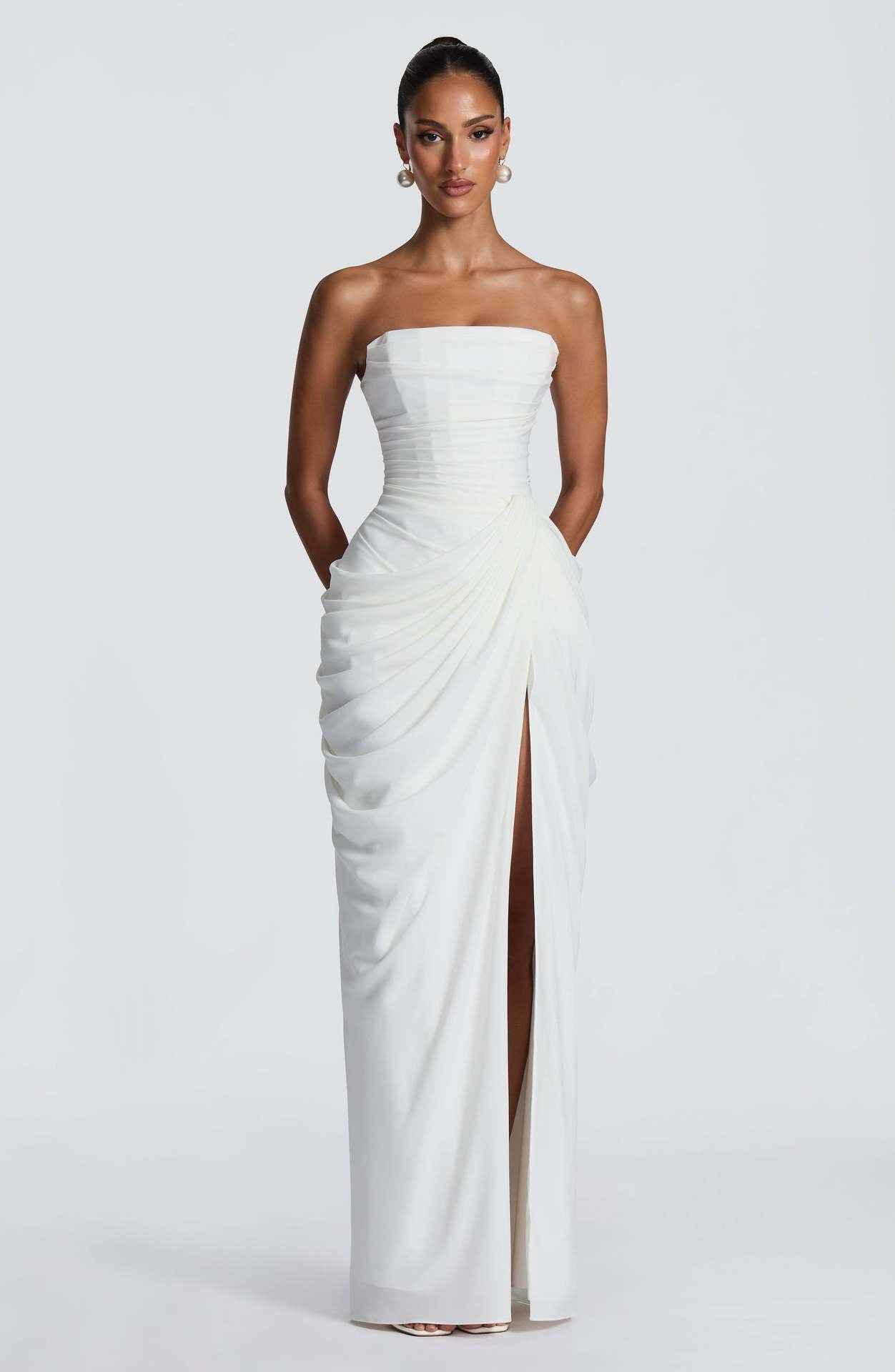 Asymmetrical Off-Shoulder Bodycon Dress-Maxi Dress.-Splashis-Color:White-Size:XL-Splashis