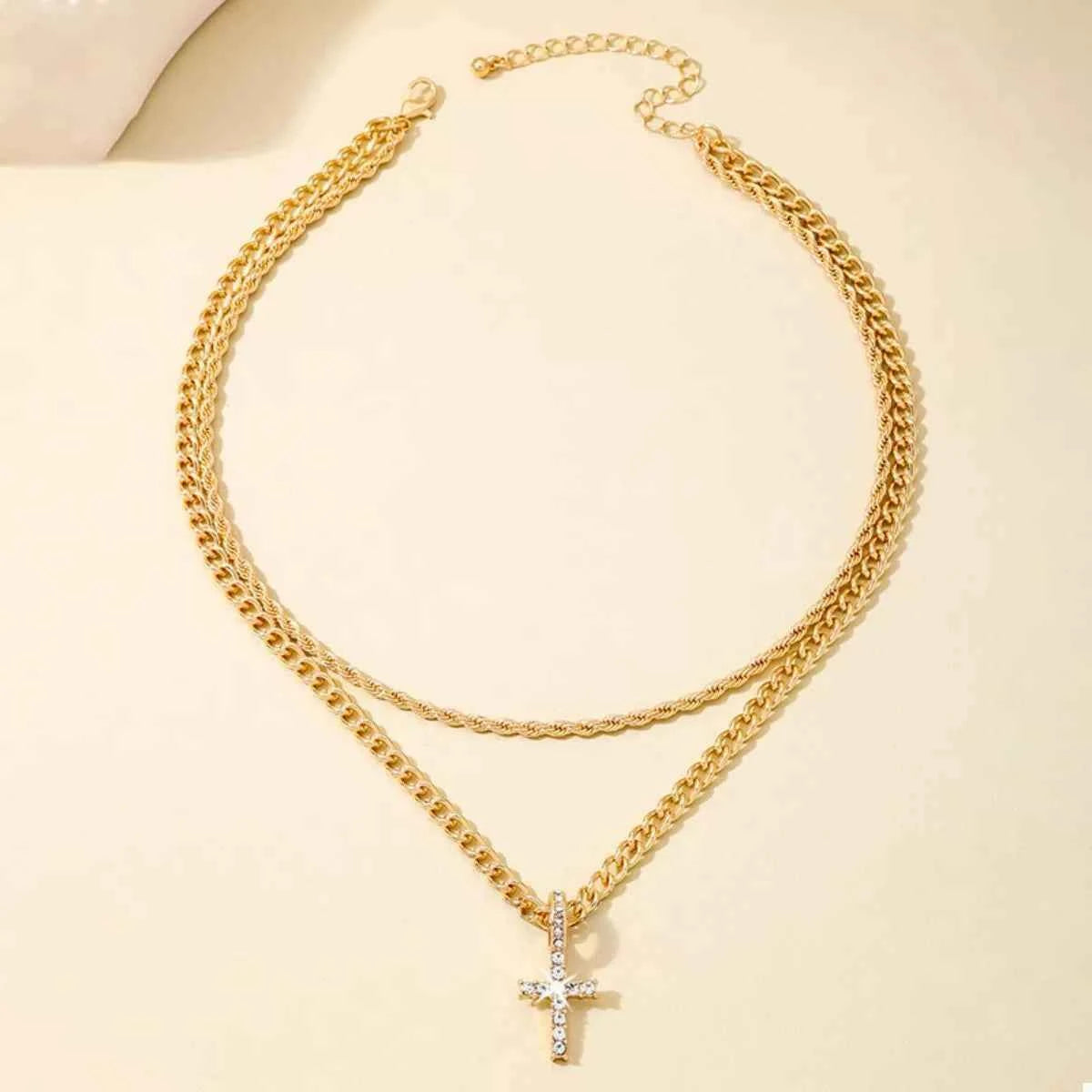 Layered Gold Chain Cross Pendant Necklace サブ画像