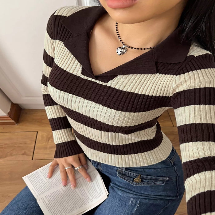 Model wearing the Striped Ribbed Knit Long Sleeve Sweater Main image