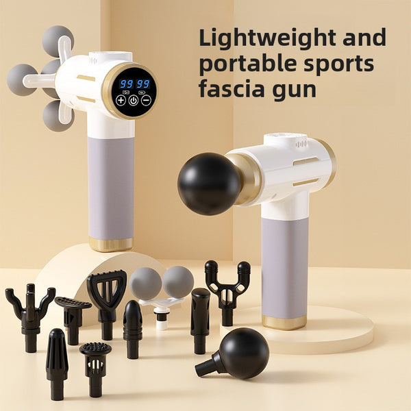 Mini massage gun shown with interchangeable head attachments