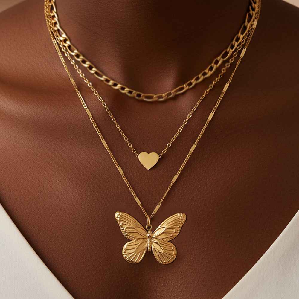 Three-tier butterfly and heart stacking necklace — primary view Huvudsaklig produktbild