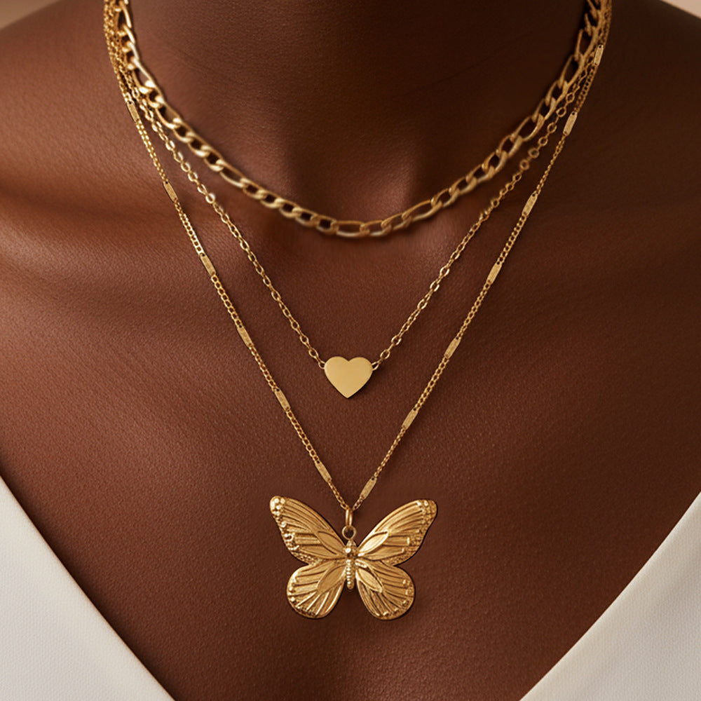 Trendy Three-Tier Butterfly Heart Stacking Necklace - Splashis