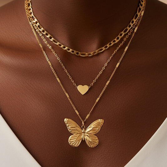 Trendy Three-Tier Butterfly Heart Stacking Necklace - Splashis