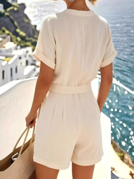 2026 summer fashion two-piece button front set with shirt and shorts in casual style