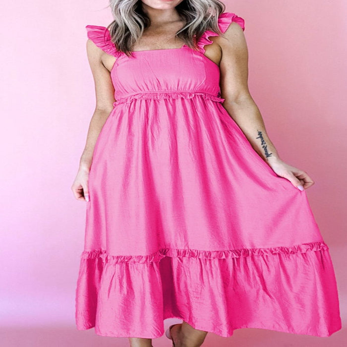 Solid Color Ruffle Trim High Waist Sleeveless Maxi Dress-Maxi Dress.-Splashis-Splashis