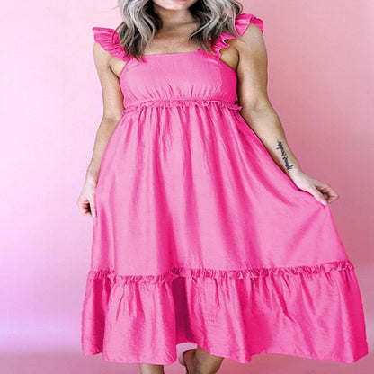 Solid Color Ruffle Trim High Waist Sleeveless Maxi Dress-Maxi Dress.-Splashis-Splashis