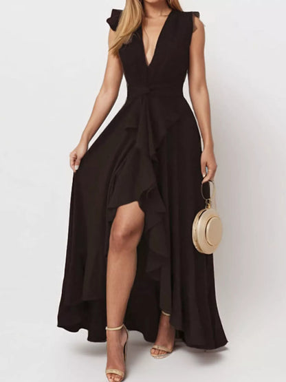 Full Size Ruffled High-Low Maxi Dress Plus Size-Maxi Dress.-Splashis-Color:Black-Size:3XL-Splashis