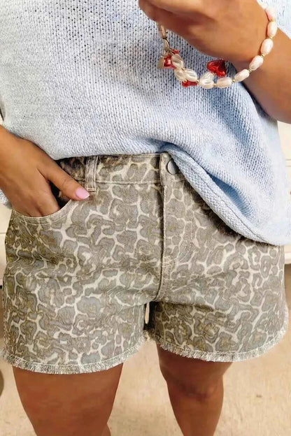 Raw Edge Leopard Print Denim Shorts - Splashis
