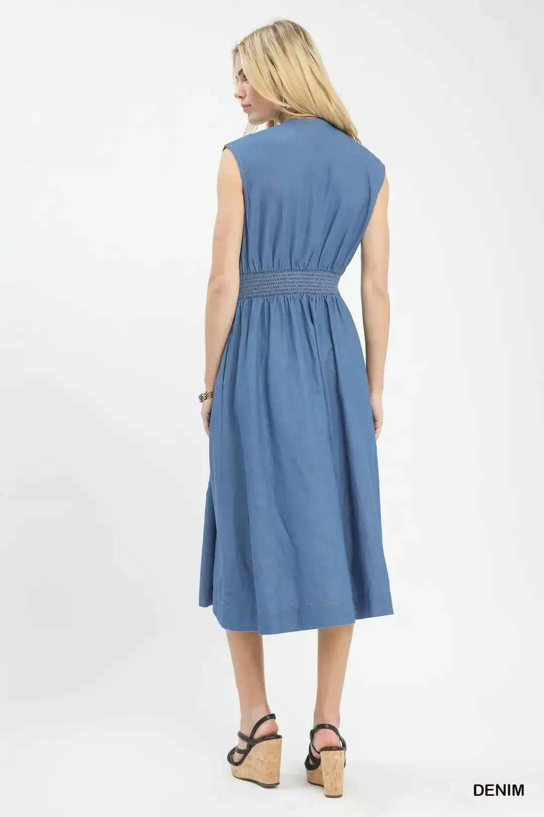Denim Sleeveless Zip-Front Smocked Waist Midi Dress Secondary image