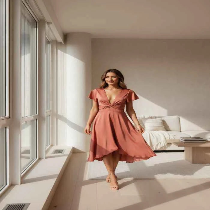Model wearing the High-Low Plunge Flutter Sleeve Dress Main image